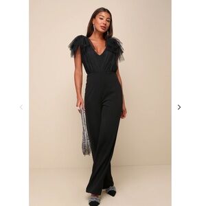 Lulu's Fabulous Fun Black Tulle Flutter Sleeve Straight Leg Jumpsuit
